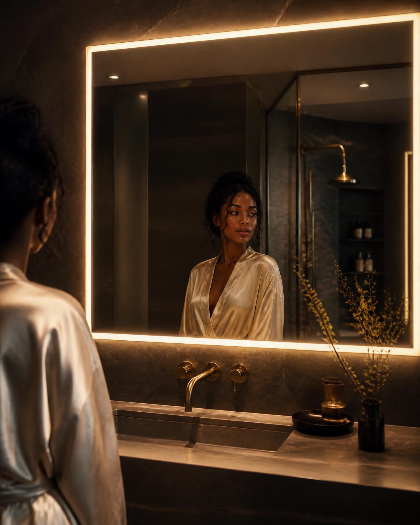 Illuminated LED mirror in a dark bathroom